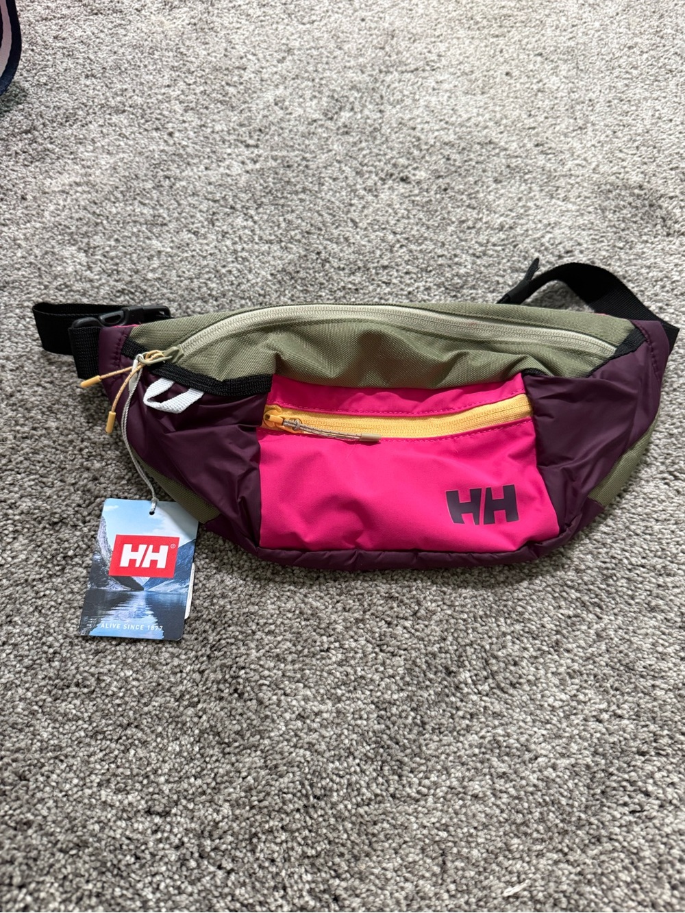 Helly Hansen Colorblock Hip Pack in Olive, Magenta & Plum with Yellow Accents